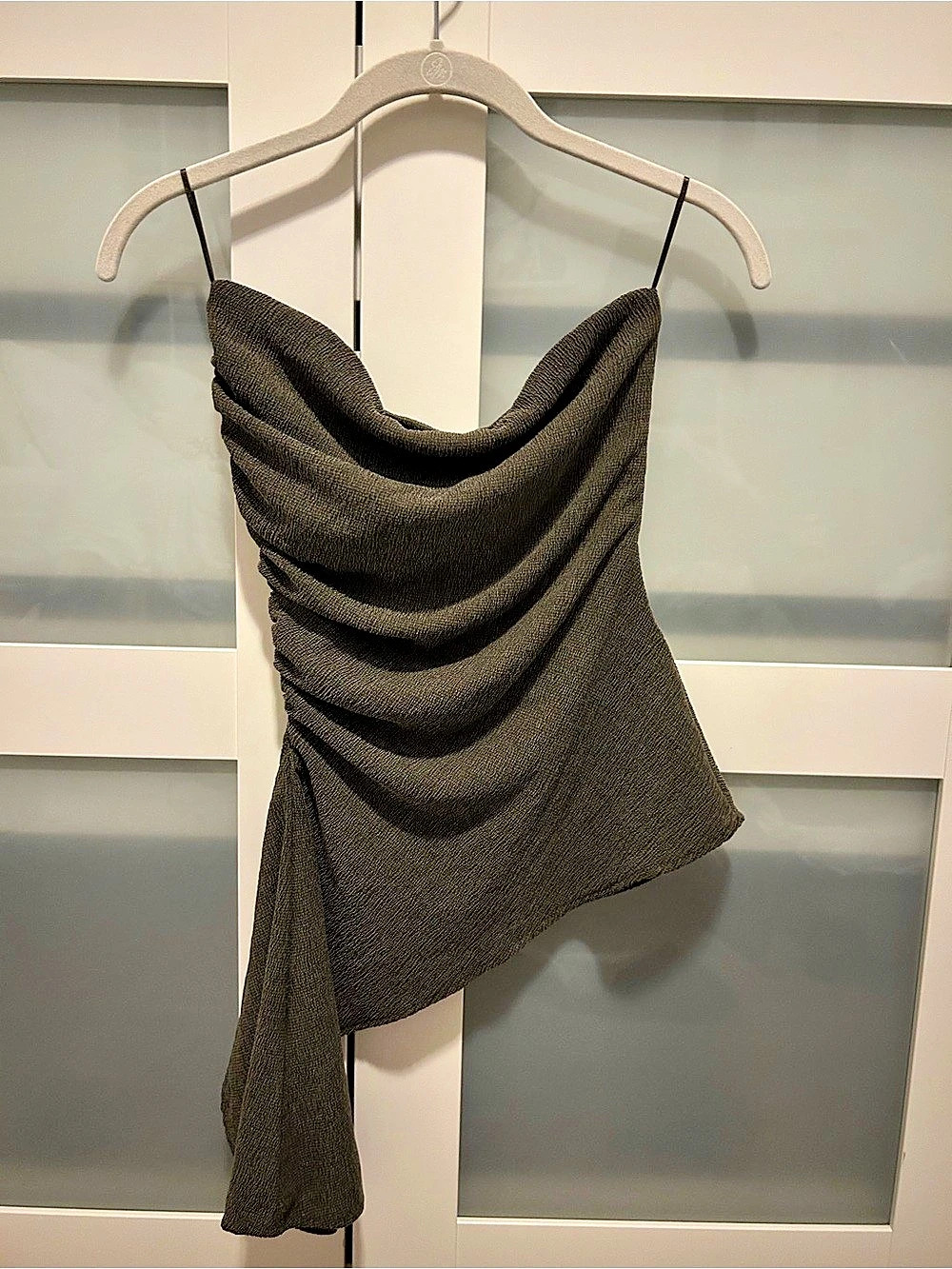 Zara Asymmetric Strapless Draped Top, olive green Size Medium